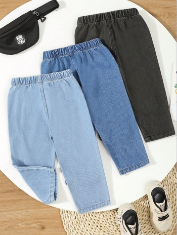 Αγόρια τζιν από ντένιμ για άνοιξη και φθινόπωρο, 95% βαμβάκι, πλύσιμο με ένζυμα, μέση με ελαστική ζώνη, μονόχρωμο σχέδιο