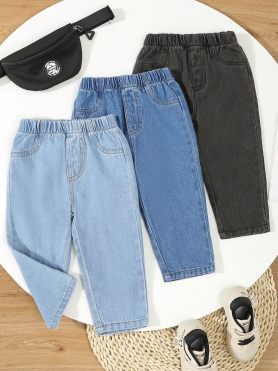 Αγόρια τζιν από ντένιμ για άνοιξη και φθινόπωρο, 95% βαμβάκι, πλύσιμο με ένζυμα, μέση με ελαστική ζώνη, μονόχρωμο σχέδιο