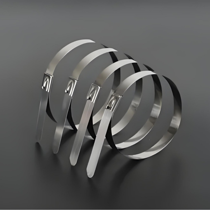 Nerūdijančio plieno 304 kabelių diržai su savispaudimu, plotis 4,6 mm, storis 0,25 mm, ilgiai 150–300 mm, vamzdžių tvirtinimui