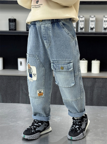 Παιδικά τζιν σε κορεατικό στυλ, 85% βαμβάκι, για ηλικίες 3-8 ετών, άνοιξη-φθινόπωρο, μοτίβο καρτούν και γράμματα