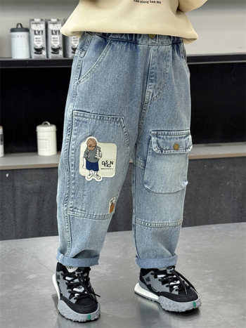 Παιδικά τζιν σε κορεατικό στυλ, 85% βαμβάκι, για ηλικίες 3-8 ετών, άνοιξη-φθινόπωρο, μοτίβο καρτούν και γράμματα