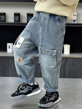 Παιδικά τζιν σε κορεατικό στυλ, 85% βαμβάκι, για ηλικίες 3-8 ετών, άνοιξη-φθινόπωρο, μοτίβο καρτούν και γράμματα