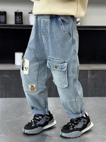 Παιδικά τζιν σε κορεατικό στυλ, 85% βαμβάκι, για ηλικίες 3-8 ετών, άνοιξη-φθινόπωρο, μοτίβο καρτούν και γράμματα