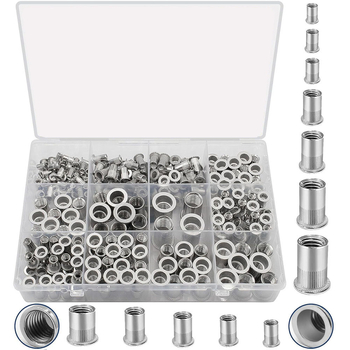 Junjie 300 бр. комплект неръждаеми rivet nut с резба и плоска глава, метрични и дюймови резби, 304 неръждаема стомана, FMK-B