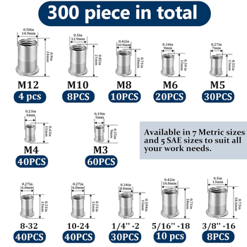 Junjie 300 бр. комплект неръждаеми rivet nut с резба и плоска глава, метрични и дюймови резби, 304 неръждаема стомана, FMK-B