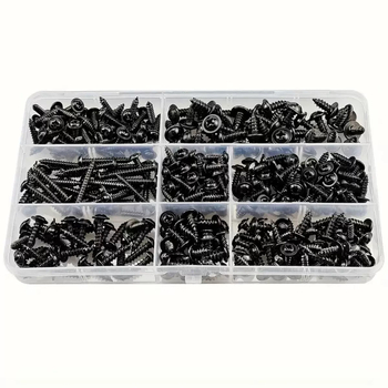 Комплект самонарезни винтове с кръстосана глава, 340 броя, Q235 въглеродна стомана, черно покритие, DIN 968/PWA, клас 4.8