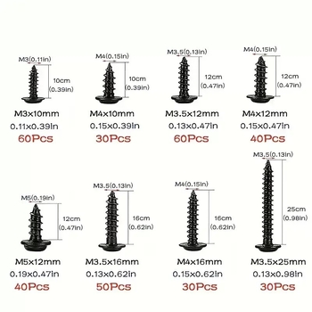 Комплект самонарезни винтове с кръстосана глава, 340 броя, Q235 въглеродна стомана, черно покритие, DIN 968/PWA, клас 4.8
