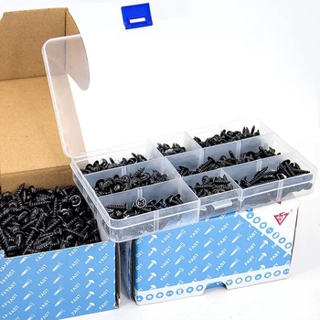 Комплект самонарезни винтове с кръстосана глава, 340 броя, Q235 въглеродна стомана, черно покритие, DIN 968/PWA, клас 4.8