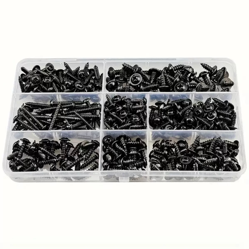 Комплект самонарезни винтове с кръстосана глава, 340 броя, Q235 въглеродна стомана, черно покритие, DIN 968/PWA, клас 4.8