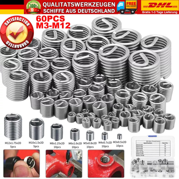 60 vienetų dėžutėje: nerūdijančiojo plieno sriegio įvyniojimai remontui, M3–M12