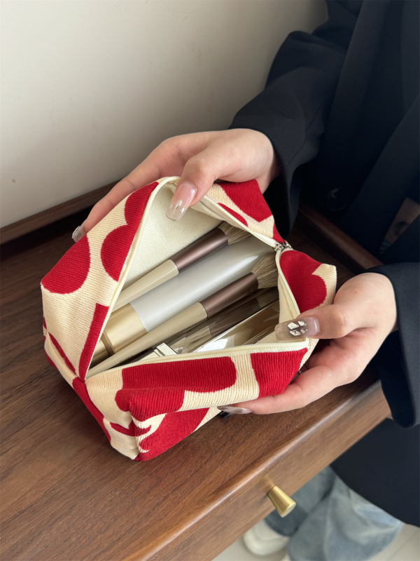 Corduroy medžiagos kosmetinė rankinė su geometriniu raštu, poliesterio pamušalas, miesto minimalistinis stilius kasdieniam naudojimui