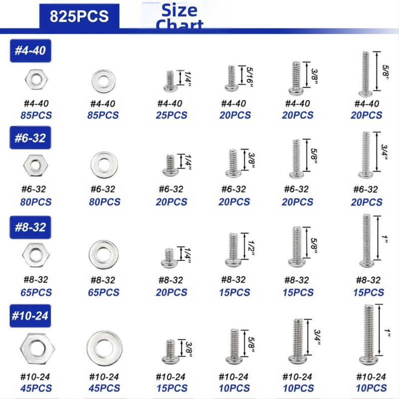 Комплект болтове: кръст Phillips и плоска глава, 1575 бр., 304 неръждаема стомана, GB стандарт, A2-70