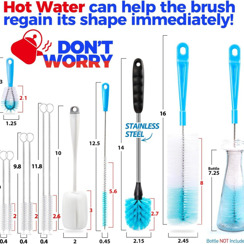 Pudeļu suku ar garu rokturi tīrīšanai pudelēm ar šauru kaklu un vāciņiem, OEM zīmols, iepakojums OPP