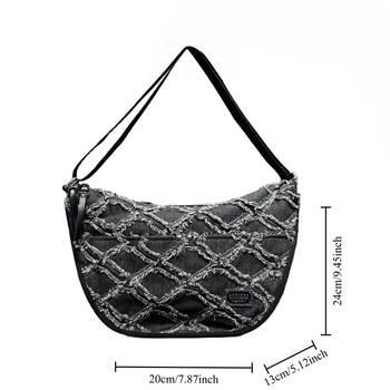 Keresztpántos denim táska, zipzárral, ovális alakú, nylon bélés, belső telefonzseb