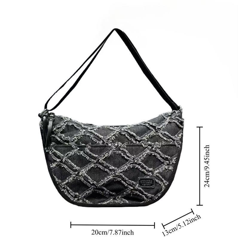 Keresztpántos denim táska, zipzárral, ovális alakú, nylon bélés, belső telefonzseb