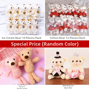 Pliušinių meškiukų rinkinys: ledų skonio meškiukas, prisipažinęs žvaigždės meškiukas, velūrinis teddy, vestuvinio automobilio meškiukas, animacinis puokštė lėlė — medžiaga: audinys, apdorojimas: krašto siuvimas, klaidos: 1–2