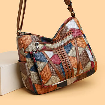 PU kožna crossbody torba s patchworkom i višestrukim džepovima, zatvarač na zip, retro stil