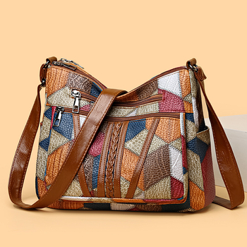 PU kožna crossbody torba s patchworkom i višestrukim džepovima, zatvarač na zip, retro stil