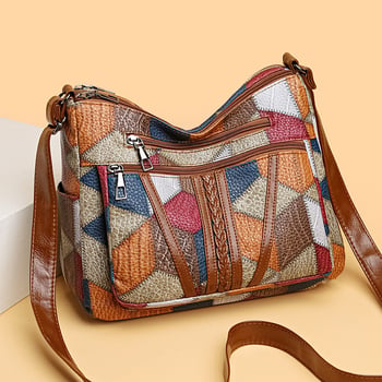 PU kožna crossbody torba s patchworkom i višestrukim džepovima, zatvarač na zip, retro stil
