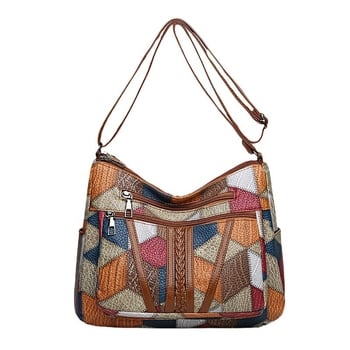 PU kožna crossbody torba s patchworkom i višestrukim džepovima, zatvarač na zip, retro stil