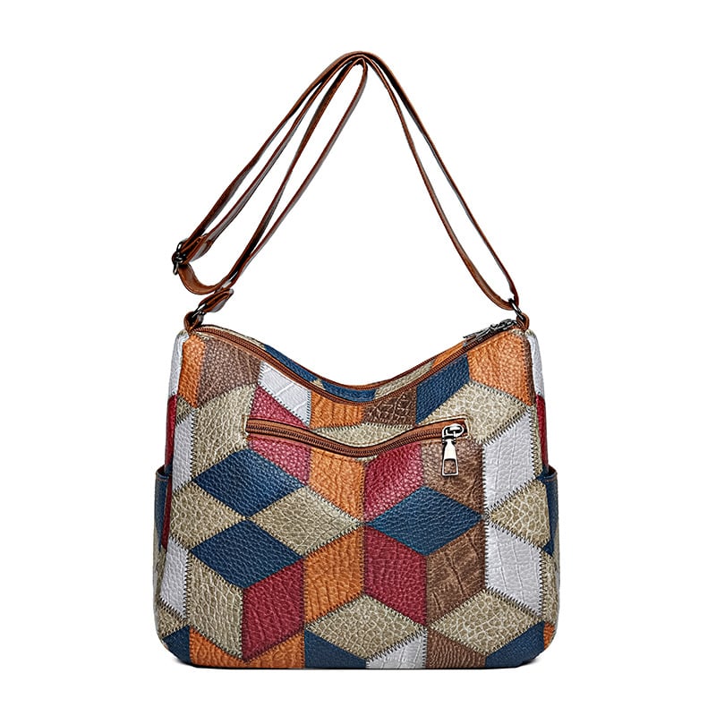 PU kožna crossbody torba s patchworkom i višestrukim džepovima, zatvarač na zip, retro stil