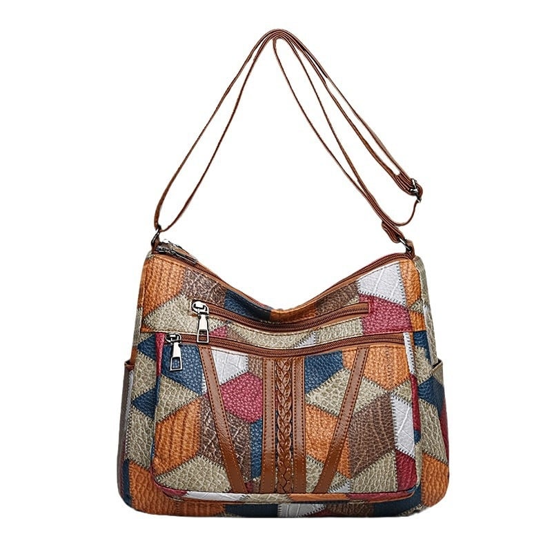 PU kožna crossbody torba s patchworkom i višestrukim džepovima, zatvarač na zip, retro stil