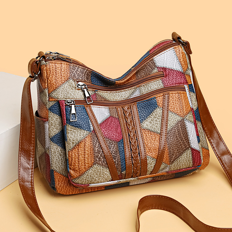 PU kožna crossbody torba s patchworkom i višestrukim džepovima, zatvarač na zip, retro stil