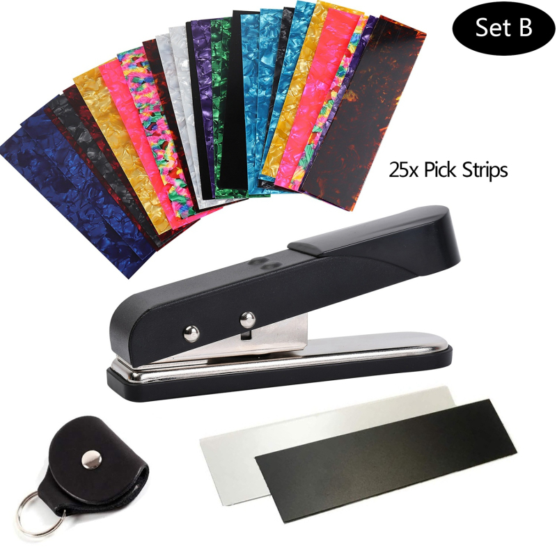 Σετ κοπής guitar pick και κιτ κατασκευής με οπή – περιλαμβάνει 25 λωρίδες για picks και κλιπ για pick. Υλικό: σίδηρος + κυτταλοειδές; Συσκευασία: δίσκος; Για μουσικά όργανα; Βάρος: 460 g ή 610 g