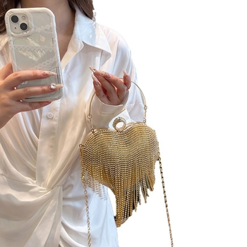 Moteriška vakarinė rankinė su širdies formos kristalais ir kutais, ovali forma, kabliuko uždarymas, poliesteris, PU vidus, kyber stilius