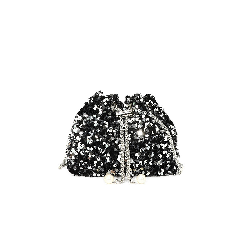 Vakarinė rankinė su blizgučiais, kibiro tipo forma, užsegimas virvele, poliesterio pamušalas, vienas peties diržas