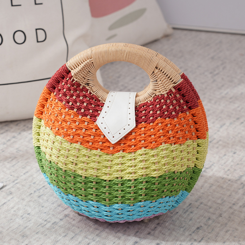 Geantă rotundă din paie – buzunar intern, închidere magnetică, buzunar pentru carduri, accesoriu de plajă zilnic