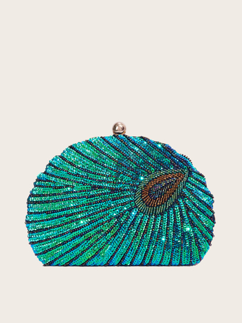 Õhtukott helmikujulise tikandiga, kriauklės vormi, kapaga, klambri lukustamine, kõva korpus, polüester