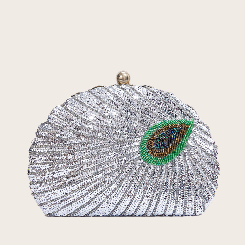 Õhtukott helmikujulise tikandiga, kriauklės vormi, kapaga, klambri lukustamine, kõva korpus, polüester