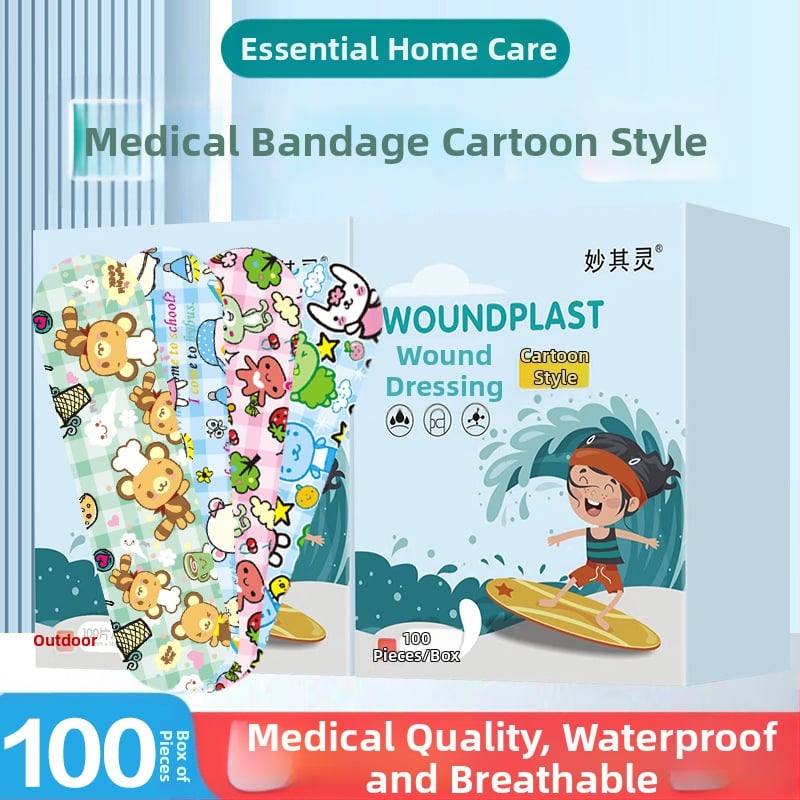 Παιδικός αδιάβροχος επίδεσμος σε μορφή καρτούν, μιας χρήσης, απαλό PE υλικό, 100 τεμάχια ανά κουτί, μάρκα Miaoqiling