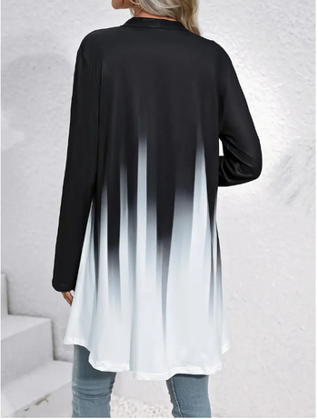 Γυναικείος μακρύς πλεκτός καρντάγκαν, χαλαρή γραμμή, V-λαιμός, μεσαίο μήκος, μακριά μανίκια, μοτίβο 3D εκτύπωσης, πολυεστέρας, φθινόπωρο 2024, κομψό επαγγελματικό ντύσιμο