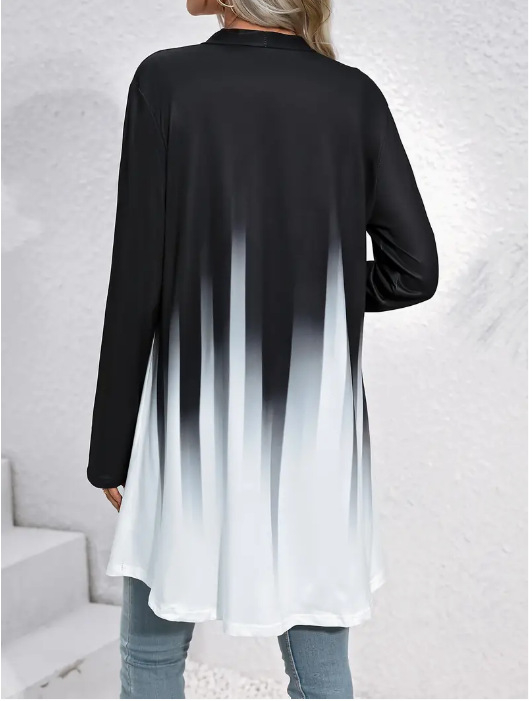 Женски дълъг плетен кардиган, свободна кройка, V-образно деколте, средна дължина, дълги ръкави, 3D принт модел, полиестер, есен 2024, елегантен офис стил