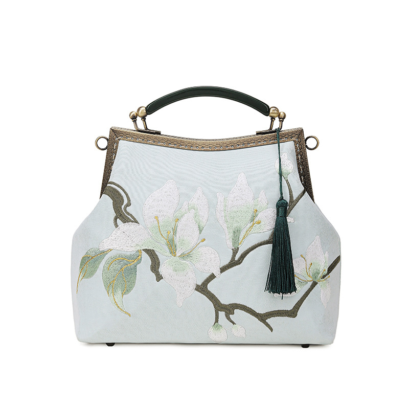 Hímzett kézitáska nemzeti művészeti stílusban; Poliészter anyag; Vízszintes négyzet alakú forma; Kapocszár-zár; Belső ID-zseb közbenső réteggel