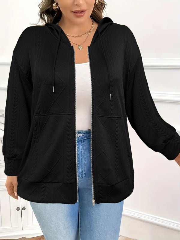 Cardigan jacquard cu glugă, fermoar, pentru femei, Spring 2025, amestec poliester și fibre chimice, croială largă, mâneci lungi