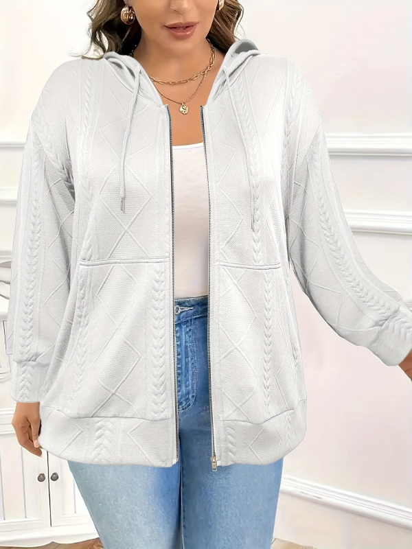 Moteriški džakardo megztinis su gobtuvu ir užtrauktuku, 2025 m. pavasaris, poliesterio mišinys, laisvas kirpimo linijos, ilgomis rankovėmis