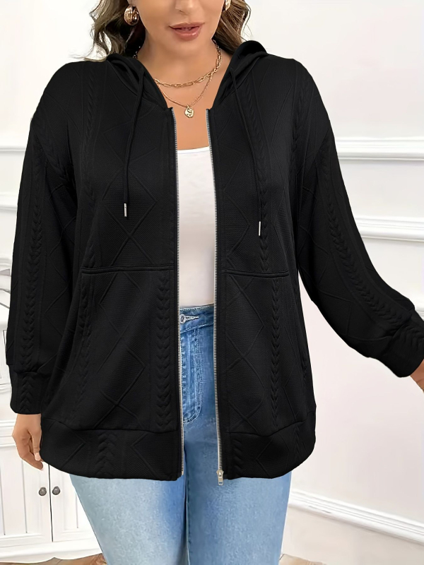 Moteriški džakardo megztinis su gobtuvu ir užtrauktuku, 2025 m. pavasaris, poliesterio mišinys, laisvas kirpimo linijos, ilgomis rankovėmis