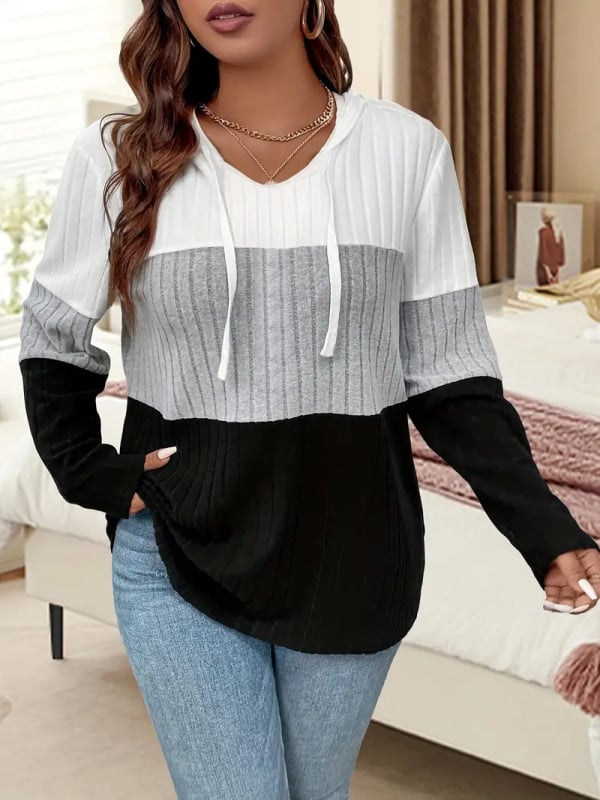 Kötött kapucnis felső lazán szabott, hosszú ujjú, kerek nyakú, csíkos/hálós mintázat, őszi 2024