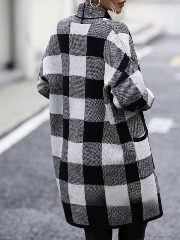 Дамски свободен плетен кардиган, каре и райета, полиестер и еластан, дълги ръкави, свободна кройка