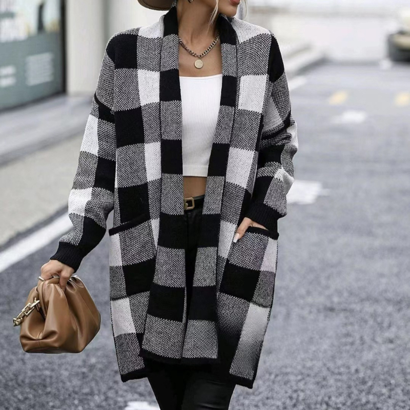 Дамски свободен плетен кардиган, каре и райета, полиестер и еластан, дълги ръкави, свободна кройка