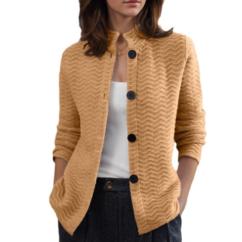 Női vastag jacquard kötött kardigán álló gallérral, egy soros kapocs zárás, ősz 2024, poliészter 50–70%