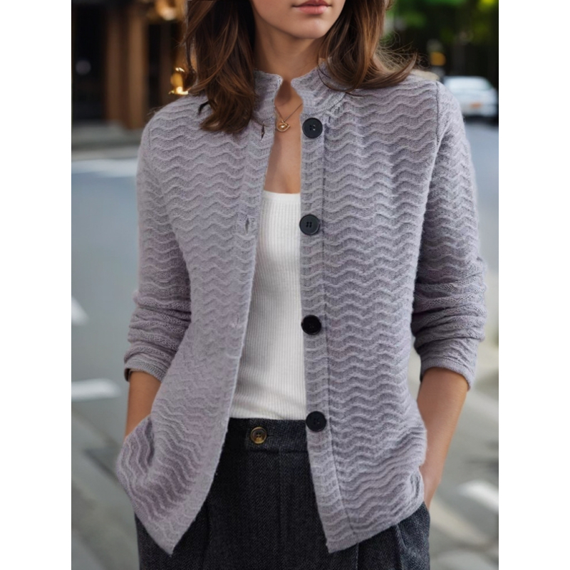 Női vastag jacquard kötött kardigán álló gallérral, egy soros kapocs zárás, ősz 2024, poliészter 50–70%