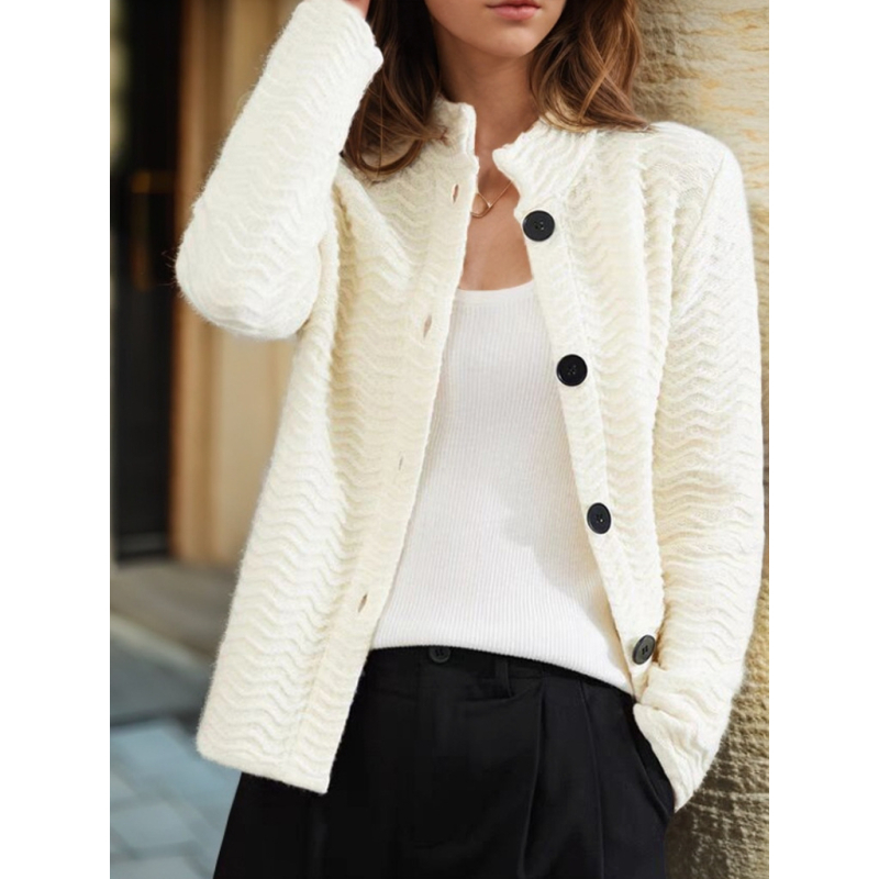 Női vastag jacquard kötött kardigán álló gallérral, egy soros kapocs zárás, ősz 2024, poliészter 50–70%