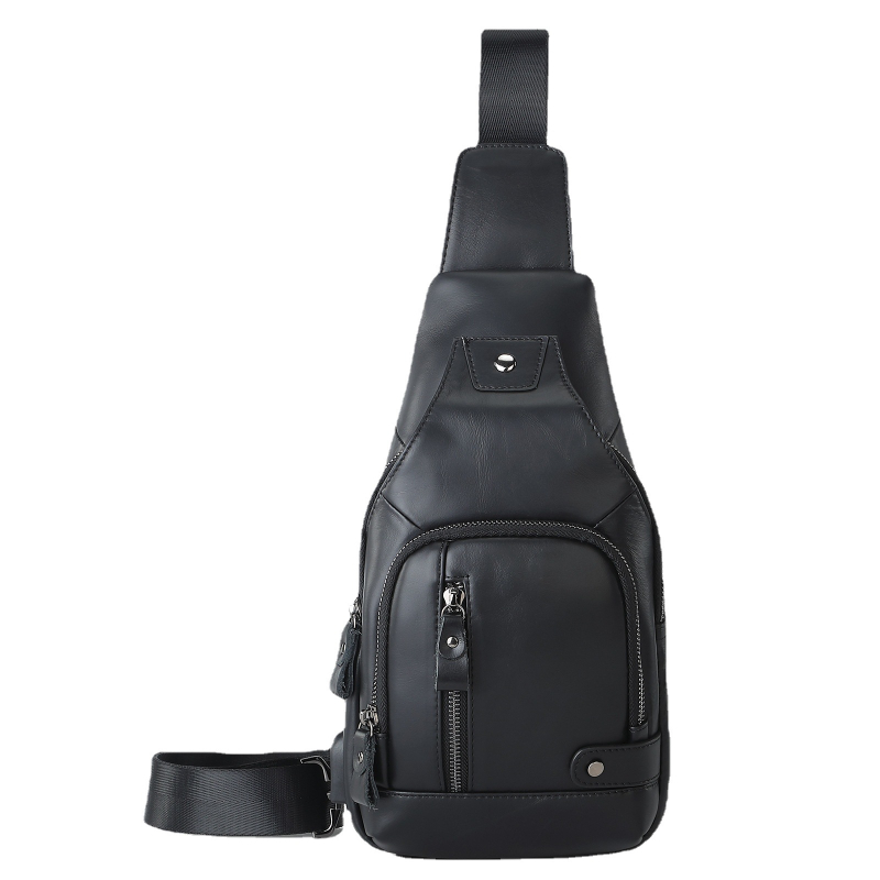 Z2010 Vyrų krūtinės krepšys — tikra oda (viršutinio sluoksnio karvės odos), užsegimas užtrauktuku, vidinės kišenės su užtrauktukais ir kišenė telefonui, medvilnės įdaila