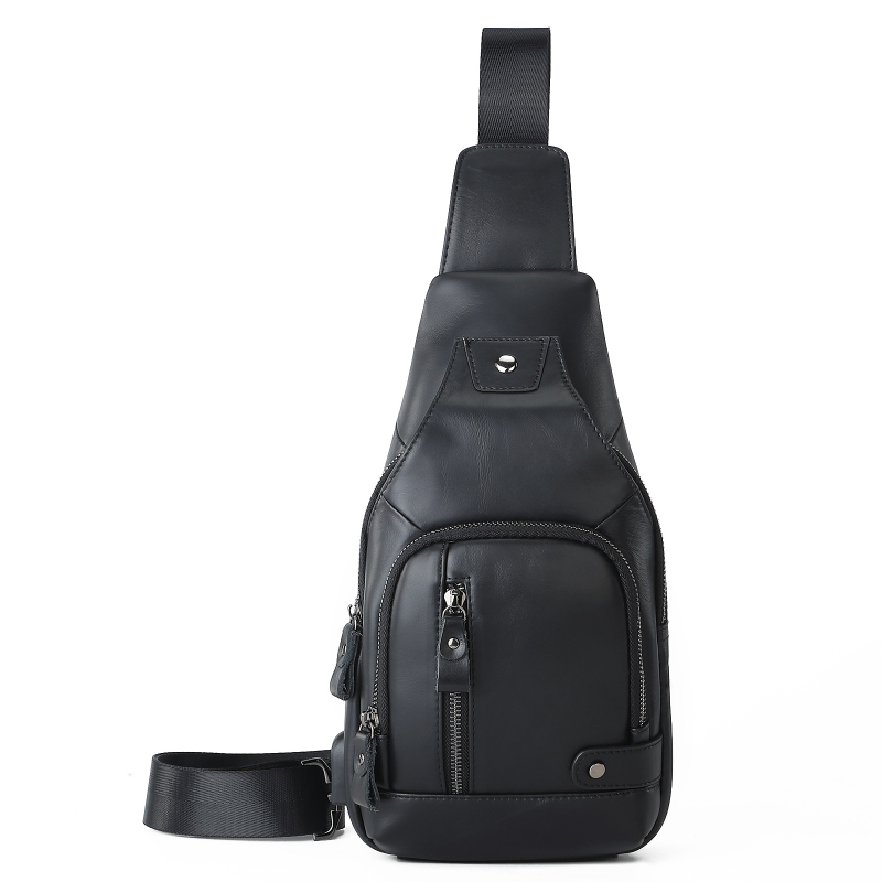 Z2010 Vyrų krūtinės krepšys — tikra oda (viršutinio sluoksnio karvės odos), užsegimas užtrauktuku, vidinės kišenės su užtrauktukais ir kišenė telefonui, medvilnės įdaila