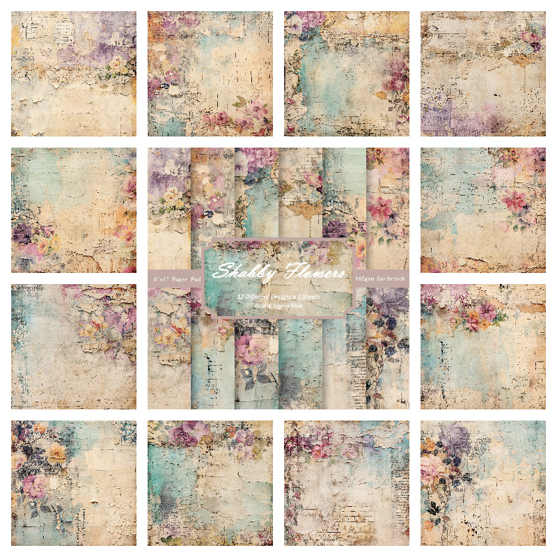 Χειροποίητο vintage scrapbooking χαρτί για άλμπουμ και κάρτες — 12 φύλλα ανά πακέτο; επιλογές: 24 φύλλα (40g), 36 φύλλα (80g) ή 120g πακέτο; κάλυμμα 157gsm επικαλυμμένο χαρτί; εσωτερικό 160gsm offset χαρτί.