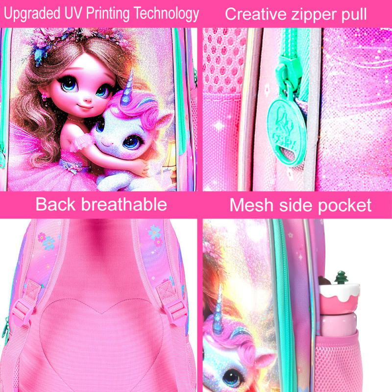Ghiozdan școlar pentru fete cu print anime, material UV, respirabil și reduce povara, bretele curbate